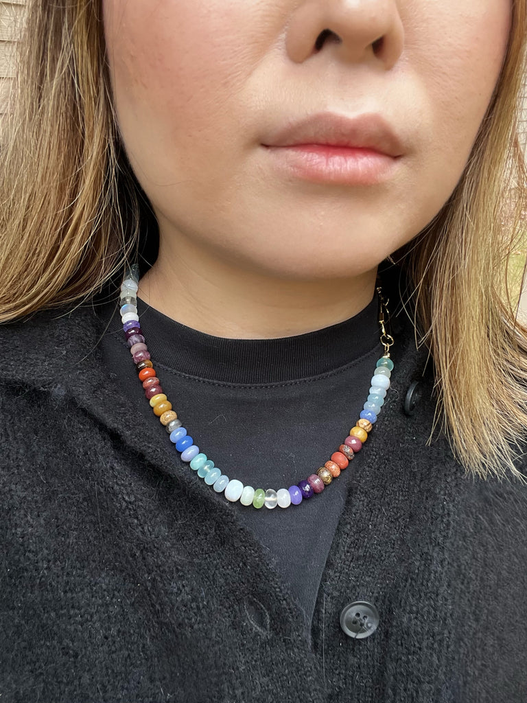 Gold Ombre Layer Rainbow Gemstone Necklace 18.5 inches Bohemian Chic Necklace - Neutral Fall